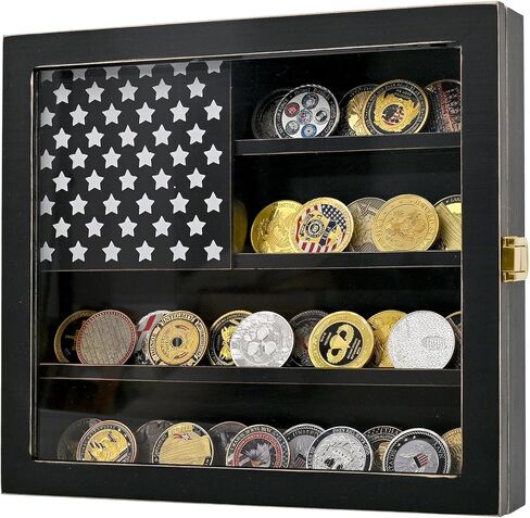 SwallowLiving Wall Mounted Challenge Coin Display Stand with Acrylic Glass, Wooden Black Military Coin Holder Rack in Kuwait