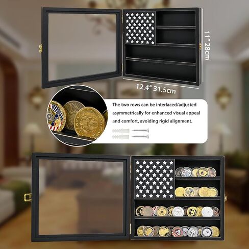 SwallowLiving Wall Mounted Challenge Coin Display Stand with Acrylic Glass, Wooden Black Military Coin Holder Rack in Kuwait
