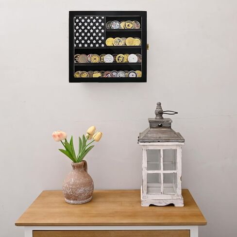 SwallowLiving Wall Mounted Challenge Coin Display Stand with Acrylic Glass, Wooden Black Military Coin Holder Rack in Kuwait