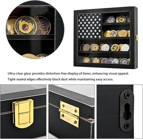 SwallowLiving Wall Mounted Challenge Coin Display Stand with Acrylic Glass, Wooden Black Military Coin Holder Rack in Kuwait