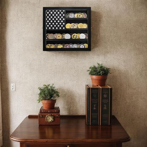 SwallowLiving Wall Mounted Challenge Coin Display Stand with Acrylic Glass, Wooden Black Military Coin Holder Rack in Kuwait