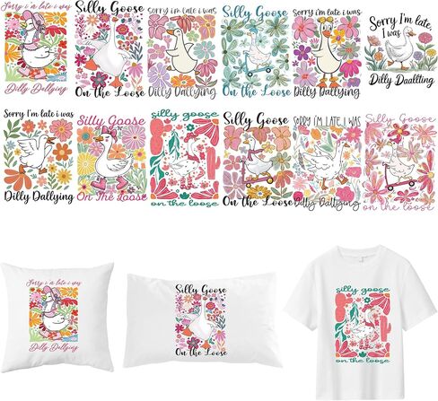 12 ورقة مضحكة أوزة مكواة على نقل القمصان ، بنقل DTF Floral Boho جاهزة للضغط على نقل الحرارة فينيل ، الحديد على ملصقات بقع لغطاء حقيبة الظهر غطاء وسادة DIY Cover DIY in Saudi Arabia