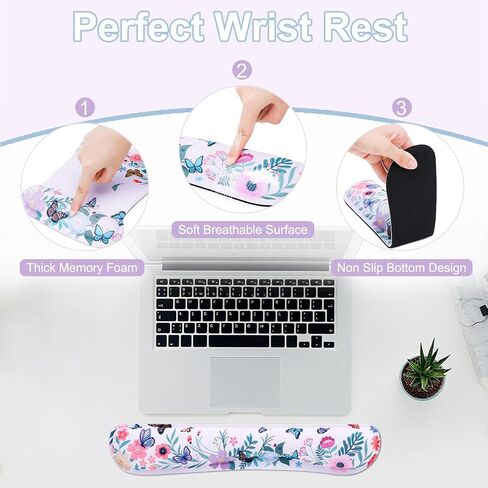 MEGREZ Ergonomic Memory Foam Mousepad with Wrist Support Set, Non Slip Keyboard Mouse Mat Wrist Rest for Computer Games Home & Office, Pain Relief & Easy Typing, Blue in Kuwait