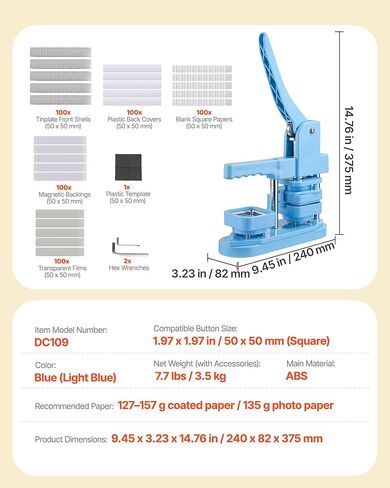 VEVOR Button Maker Machine, 1.97 x 1.97 in Square, Plastic Pin Maker with Tinplate Front Shells, Plastic Back Covers, Magnetic Backings and Transparent Films, Ergonomic Handle, for DIY Badges, Blue in Kuwait