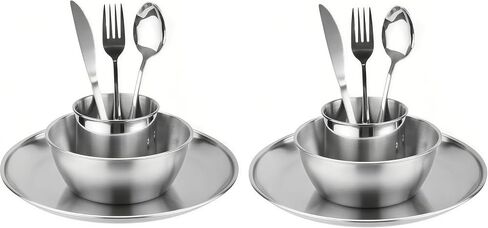 Camping Cutlery Set for 1 People- ISFORU Stainless Steel Tableware Mess Kit Includes Large Plate Cup Bowl Cutlery with Mesh Bag, Dinnerware Utensils Set for Outdoor Camping Hiking and Picnic in Saudi Arabia