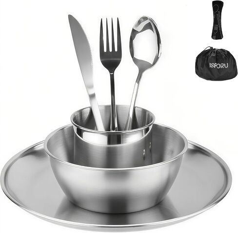 Camping Cutlery Set for 1 People- ISFORU Stainless Steel Tableware Mess Kit Includes Large Plate Cup Bowl Cutlery with Mesh Bag, Dinnerware Utensils Set for Outdoor Camping Hiking and Picnic in Saudi Arabia