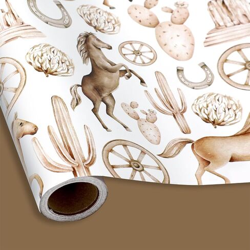 FYSUIMU Western Cowboy Wrapping Paper - Mini Roll - 17 In x 32.8 Ft Watercolor Horse Race Cactus Double-Sided Gift Wrap Paper for DIY Crafts Wild West Rodeo Party Supplies in Saudi Arabia