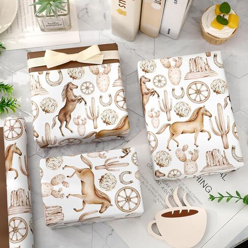 FYSUIMU Western Cowboy Wrapping Paper - Mini Roll - 17 In x 32.8 Ft Watercolor Horse Race Cactus Double-Sided Gift Wrap Paper for DIY Crafts Wild West Rodeo Party Supplies in Saudi Arabia