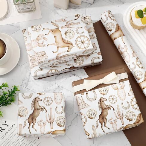 FYSUIMU Western Cowboy Wrapping Paper - Mini Roll - 17 In x 32.8 Ft Watercolor Horse Race Cactus Double-Sided Gift Wrap Paper for DIY Crafts Wild West Rodeo Party Supplies in Saudi Arabia
