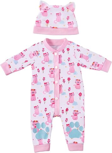 BABESIDE 2 Pcs Reborn Babys Doll Clothes for 17-22 Inch Baby Dolls, Pink Cat Pattern Reborn Baby Dolls Accessories Set with Hat, for Reborn Doll Girls Boys (Dolls not Included) in Saudi Arabia