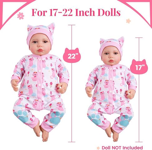 BABESIDE 2 Pcs Reborn Babys Doll Clothes for 17-22 Inch Baby Dolls, Pink Cat Pattern Reborn Baby Dolls Accessories Set with Hat, for Reborn Doll Girls Boys (Dolls not Included) in Saudi Arabia