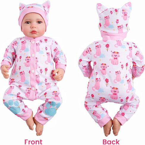 BABESIDE 2 Pcs Reborn Babys Doll Clothes for 17-22 Inch Baby Dolls, Pink Cat Pattern Reborn Baby Dolls Accessories Set with Hat, for Reborn Doll Girls Boys (Dolls not Included) in Saudi Arabia