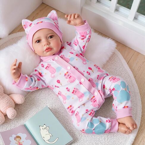 BABESIDE 2 Pcs Reborn Babys Doll Clothes for 17-22 Inch Baby Dolls, Pink Cat Pattern Reborn Baby Dolls Accessories Set with Hat, for Reborn Doll Girls Boys (Dolls not Included) in Saudi Arabia