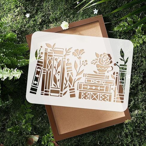 2pcs Book and Stationery Wall Stencil for Painting, 11.8"x11.8" Open Book Reusable Stencil for Wood Burning, Book Pen Paint Template DIY Craft Art Stencil on Wood Fabric Canvas Journal in Kuwait