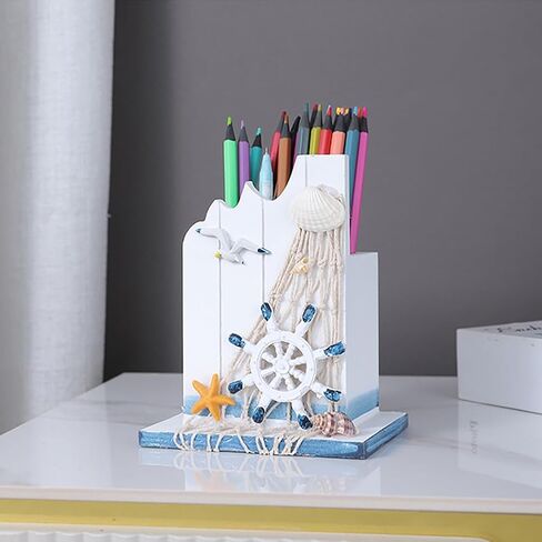 2 Pcs Wooden Decorative Nautical Pencil Holder Mediterranean Desktop Organizer Sailboat Pen Holder for Office Home Décor in Saudi Arabia