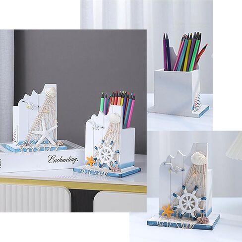 2 Pcs Wooden Decorative Nautical Pencil Holder Mediterranean Desktop Organizer Sailboat Pen Holder for Office Home Décor in Saudi Arabia
