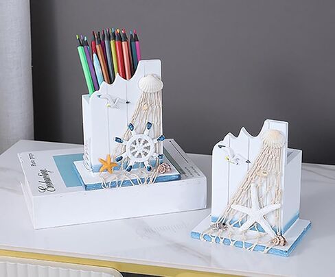 2 Pcs Wooden Decorative Nautical Pencil Holder Mediterranean Desktop Organizer Sailboat Pen Holder for Office Home Décor in Saudi Arabia