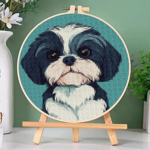 DIY Counted Cross Stitch Kits Cute Cartoon Shih Tzu Dog Easy for Beginners with Hoop 11CT Needlepoint Embroidery Cross Stitch Set Craft Wall Decor 22x22cm-15 in Saudi Arabia