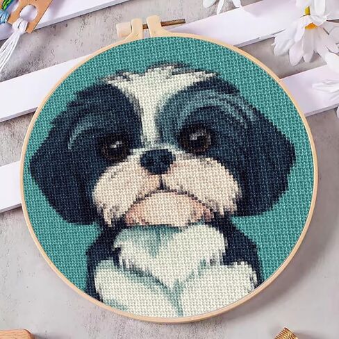 DIY Counted Cross Stitch Kits Cute Cartoon Shih Tzu Dog Easy for Beginners with Hoop 11CT Needlepoint Embroidery Cross Stitch Set Craft Wall Decor 22x22cm-15 in Saudi Arabia