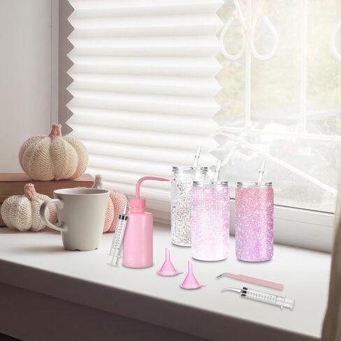 6 Pcs Snow Globe Tumbler Supplies, DIY Glitter Snow Globe Tumbler Kit, Including Plastic Squeeze Bottle Funnel Tweezers Elbow Syringe for DIY Customized Crafts Cup Making Supplies Gifts(Pink) in Saudi Arabia