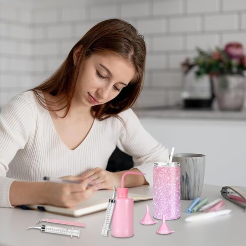 6 Pcs Snow Globe Tumbler Supplies, DIY Glitter Snow Globe Tumbler Kit, Including Plastic Squeeze Bottle Funnel Tweezers Elbow Syringe for DIY Customized Crafts Cup Making Supplies Gifts(Pink) in Saudi Arabia
