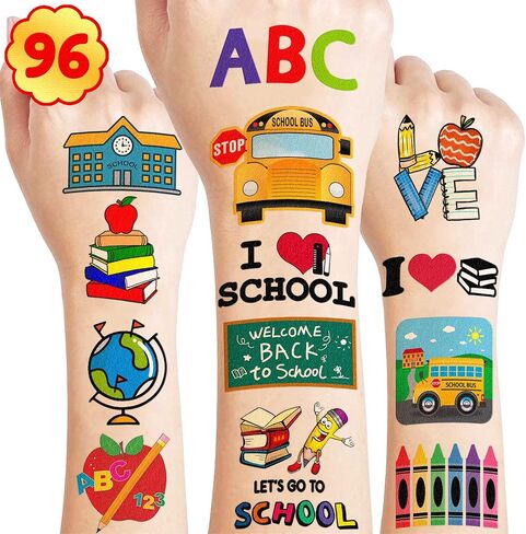 Welcome Back To School Temporary Tattoos Theme Birthday Party Decorations Supplies Favors Cute Bus Fake Tattoo Stickers 96 PCS Gifts for Kids Girls Boys Teachers Students Classroom Rewards Carnival in Saudi Arabia