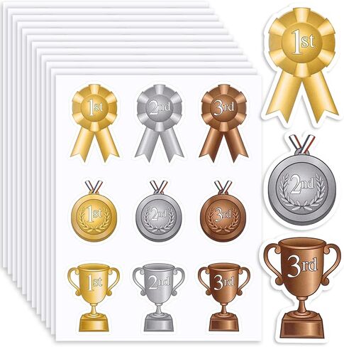 108 Pcs Assorted Award Ribbon Stickers Self Adhesive Gold Silver Bronze Medals Classic Trophy Rosette 1st 2nd 3rd Place Recognition Achievement Award Stickers for Classroom School Diploma in Saudi Arabia
