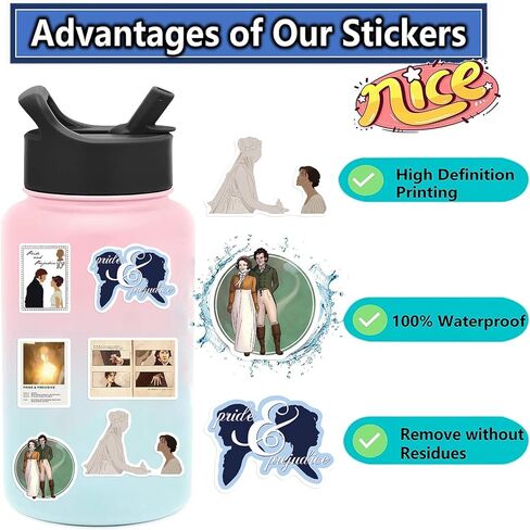 50Pcs Pride and Prejudice Stickers, Classic Novel Waterproof Sticker for Teen Adult Water Bottle, Laptop, Skateboard, Bike, Phone, Computer, Travel Case (Pride and Prejudice) in Kuwait