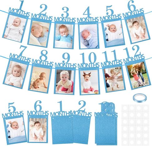 12pcs لافتة صور عيد ميلاد 1st من حديثي الولادة إلى 12 شهرا ، والعام الأول من زخارف عيد ميلاد ، بريق أول لافتة يوم الولادة لبيني فتيات عرض ، مناسبة للصور مقاس 6 بوصات (أزرق) in Saudi Arabia