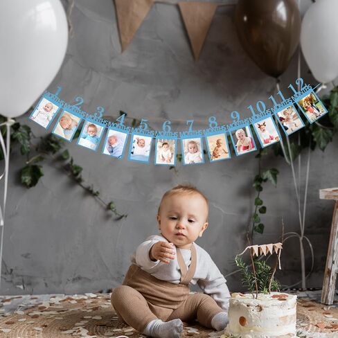 12pcs لافتة صور عيد ميلاد 1st من حديثي الولادة إلى 12 شهرا ، والعام الأول من زخارف عيد ميلاد ، بريق أول لافتة يوم الولادة لبيني فتيات عرض ، مناسبة للصور مقاس 6 بوصات (أزرق) in Saudi Arabia
