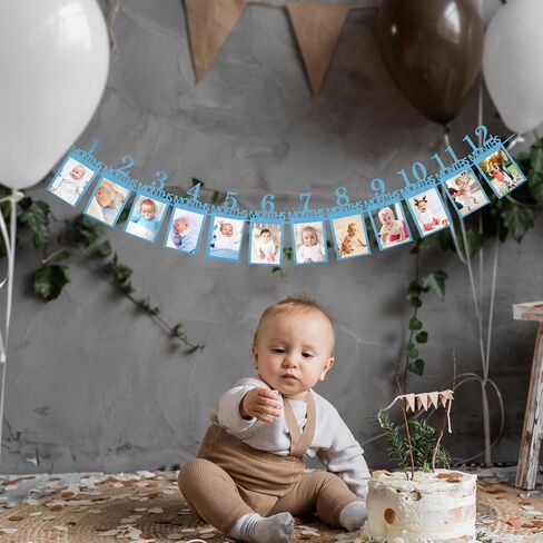 12pcs لافتة صور عيد ميلاد 1st من حديثي الولادة إلى 12 شهرا ، والعام الأول من زخارف عيد ميلاد ، بريق أول لافتة يوم الولادة لبيني فتيات عرض ، مناسبة للصور مقاس 6 بوصات (أزرق) in Saudi Arabia