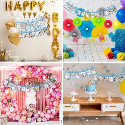 12pcs لافتة صور عيد ميلاد 1st من حديثي الولادة إلى 12 شهرا ، والعام الأول من زخارف عيد ميلاد ، بريق أول لافتة يوم الولادة لبيني فتيات عرض ، مناسبة للصور مقاس 6 بوصات (أزرق) in Saudi Arabia