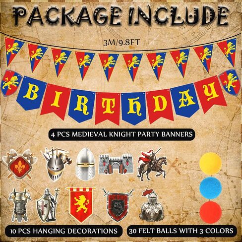 Breling 5 Pcs Medieval Knight Birthday Party Decorations Castle Party Banner Felt Ball Garland Stone Wall Armors Shield Helmets Banner Knight Supplies in Saudi Arabia