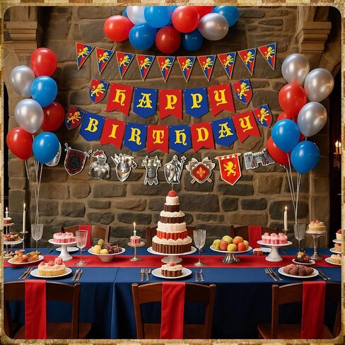 Breling 5 Pcs Medieval Knight Birthday Party Decorations Castle Party Banner Felt Ball Garland Stone Wall Armors Shield Helmets Banner Knight Supplies in Saudi Arabia