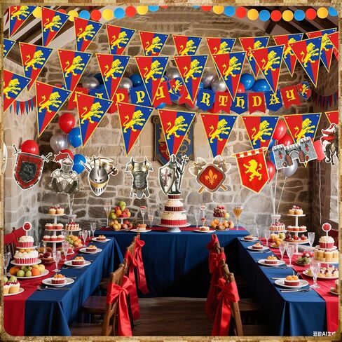 Breling 5 Pcs Medieval Knight Birthday Party Decorations Castle Party Banner Felt Ball Garland Stone Wall Armors Shield Helmets Banner Knight Supplies in Saudi Arabia