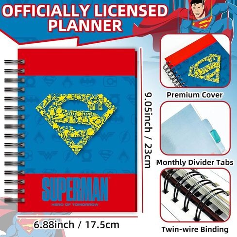 Superhero الكبير المخطط - مخطط الحياة اليومي والأسبوعي والشهري ، 2025 2026 2027 تقويم وعطلات العطل ، علامات التبويب الشهرية ، دفتر ملاحظات حلزوني 12 شهرًا لمستلزمات الهدايا المدرسية (Red Blue) in Kuwait