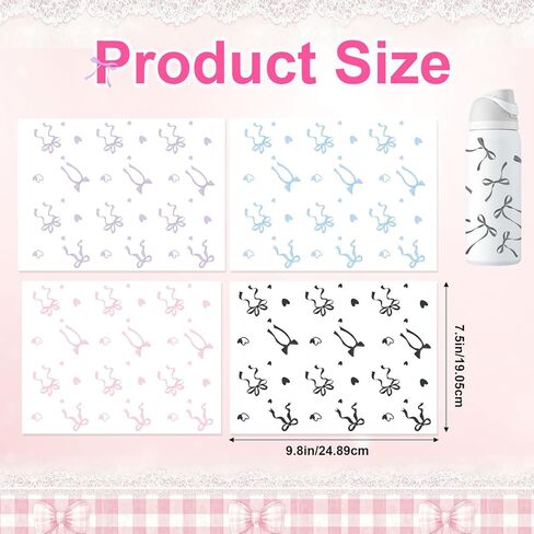 4 Sheets Bows DTF Stickers, Cup Wraps for Glass Cups Cute Aesthetic Heart Bow Transfer Stickers Decals for Owala 24/32oz Tumbler Water Bottle DIY Craft Gift (4 Colors) in Saudi Arabia