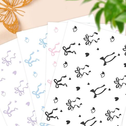 4 Sheets Bows DTF Stickers, Cup Wraps for Glass Cups Cute Aesthetic Heart Bow Transfer Stickers Decals for Owala 24/32oz Tumbler Water Bottle DIY Craft Gift (4 Colors) in Saudi Arabia