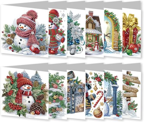 بطاقات المعايدة DoxQCCS DIY الماس ، فني التطريز مجموعات بطاقات الحرف ، Daisy Diamond Art Painting Card Card Arts لعيد ميلاد عيد الميلاد هدية-#19-12pc Snowman in Kuwait