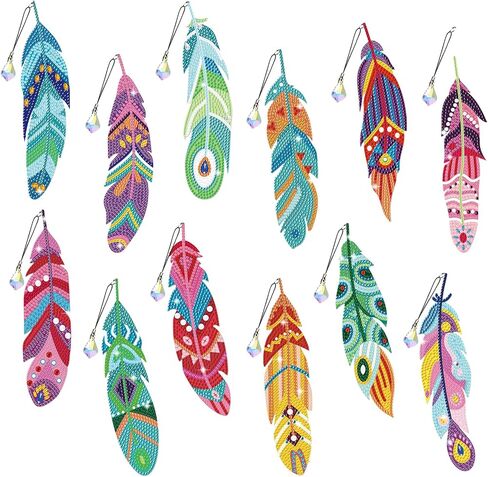 beinkmake 12pcs Colorful Feather Diamond DIY Painting Bookmarks DIY Rhinestones Bookmark with Crystal Pendant for Beginner Crafts in Saudi Arabia
