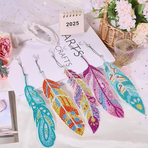 beinkmake 12pcs Colorful Feather Diamond DIY Painting Bookmarks DIY Rhinestones Bookmark with Crystal Pendant for Beginner Crafts in Saudi Arabia
