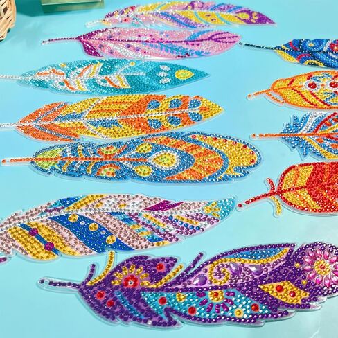 beinkmake 12pcs Colorful Feather Diamond DIY Painting Bookmarks DIY Rhinestones Bookmark with Crystal Pendant for Beginner Crafts in Saudi Arabia