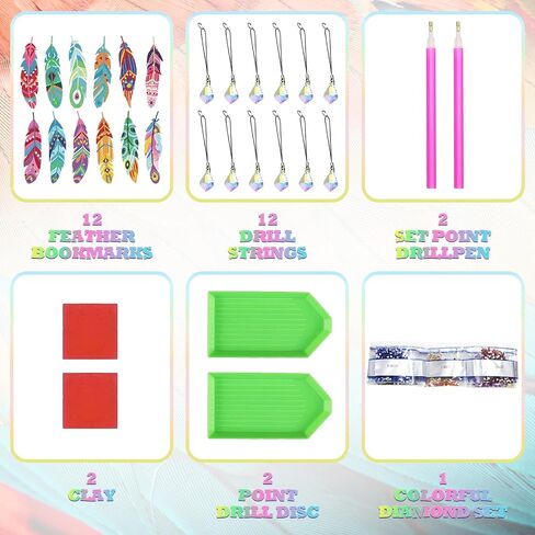 beinkmake 12pcs Colorful Feather Diamond DIY Painting Bookmarks DIY Rhinestones Bookmark with Crystal Pendant for Beginner Crafts in Saudi Arabia