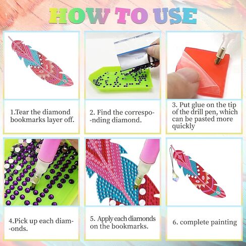 beinkmake 12pcs Colorful Feather Diamond DIY Painting Bookmarks DIY Rhinestones Bookmark with Crystal Pendant for Beginner Crafts in Saudi Arabia