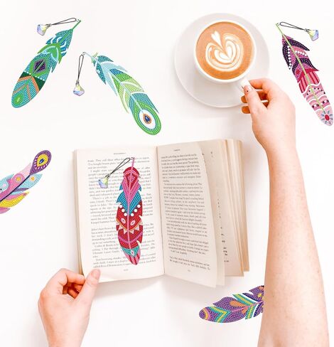 beinkmake 12pcs Colorful Feather Diamond DIY Painting Bookmarks DIY Rhinestones Bookmark with Crystal Pendant for Beginner Crafts in Saudi Arabia