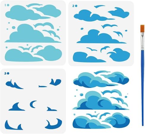 FINGERINSPIRE Layers Clouds Stencil with a Paint Brush 5.9x5.9inch Sky Clouds Nature Stencil Reusable Clouds Painting Stencil Nature Theme Clouds Drawing Stencil for Wall Tiles Floor Paper Furniture in Saudi Arabia