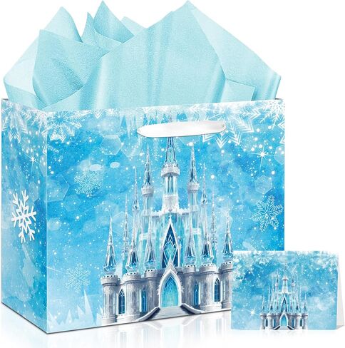 Large Snowflake Castle Birthday Gift Bag with Greeting Card and Tissue Paper Winter Birthday Party Favor Bags for Kids Girls Boys Birthday Christmas Winter Party Decorations(13 x 10.2 x 4.9 Inch) in Saudi Arabia