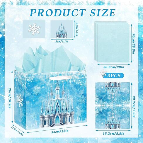 Large Snowflake Castle Birthday Gift Bag with Greeting Card and Tissue Paper Winter Birthday Party Favor Bags for Kids Girls Boys Birthday Christmas Winter Party Decorations(13 x 10.2 x 4.9 Inch) in Saudi Arabia