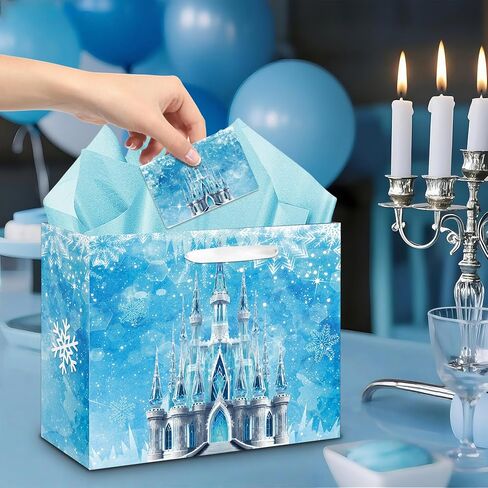 Large Snowflake Castle Birthday Gift Bag with Greeting Card and Tissue Paper Winter Birthday Party Favor Bags for Kids Girls Boys Birthday Christmas Winter Party Decorations(13 x 10.2 x 4.9 Inch) in Saudi Arabia