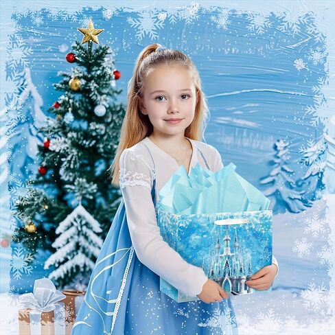 Large Snowflake Castle Birthday Gift Bag with Greeting Card and Tissue Paper Winter Birthday Party Favor Bags for Kids Girls Boys Birthday Christmas Winter Party Decorations(13 x 10.2 x 4.9 Inch) in Saudi Arabia